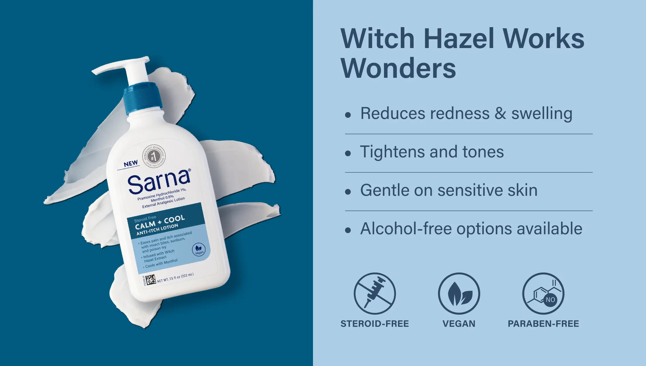 A bottle of Sarna Calm + Cool Anti-Itch Lotion and witch hazel's benefits