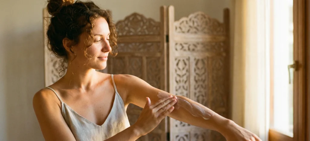 A woman is applying Sarna anti-itch lotion to her arm